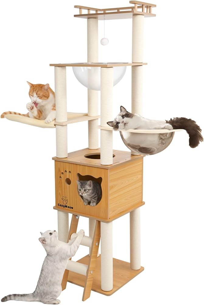 Amazon | [CozyMeow] キャットタワー 木製 据え置き スリム 宇宙船 厚