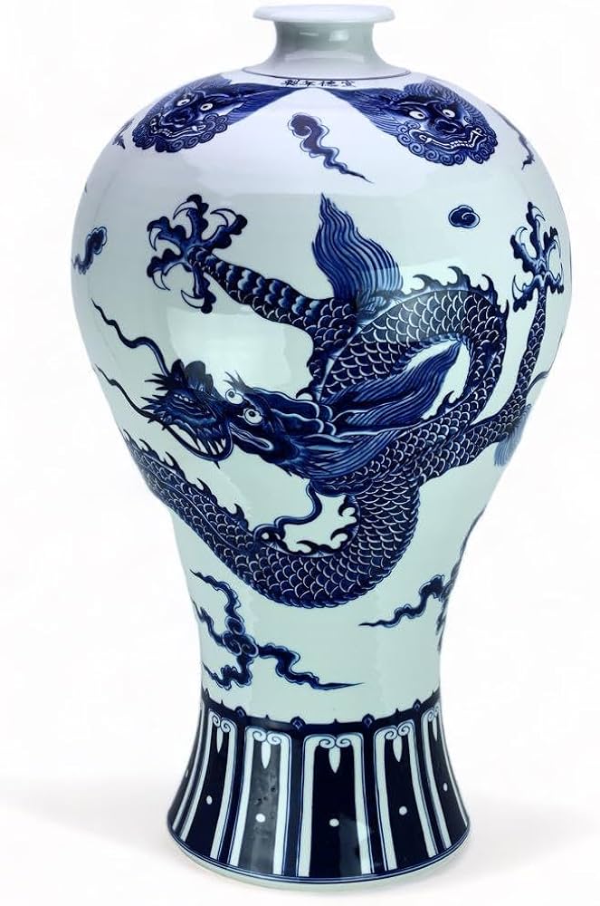 中国大明宣徳年製白磁遊環雲龍鳳凰文瓶多口瓶M7311A