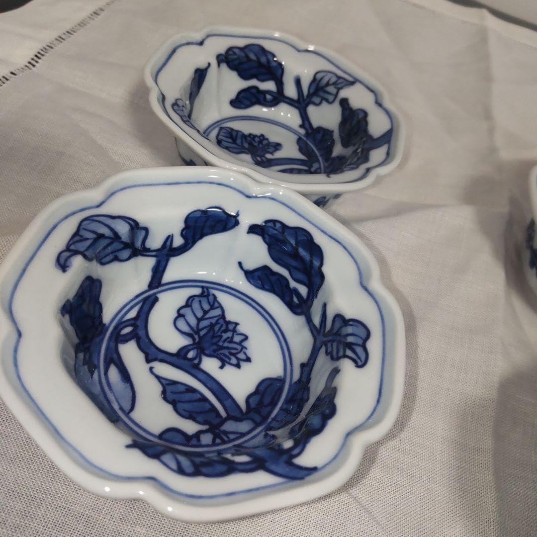 美品！ 藍鍋島流水鷺図 皿 浮彫 浪形皿 五客 共箱