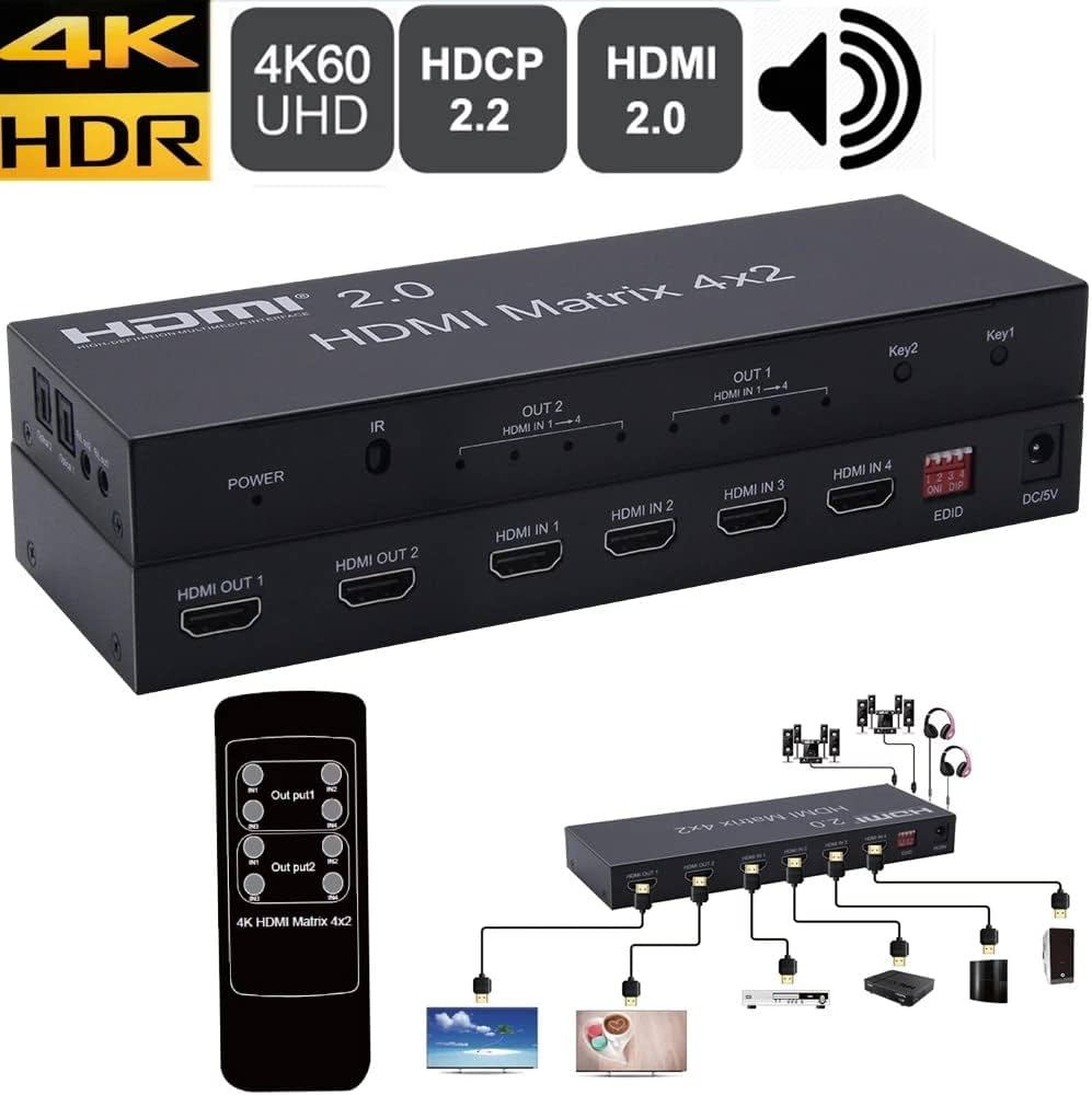 Amazon | 4K 60hz 6x2 HDMI Matrix 6 IN 2 OUT HDMIスプリッター