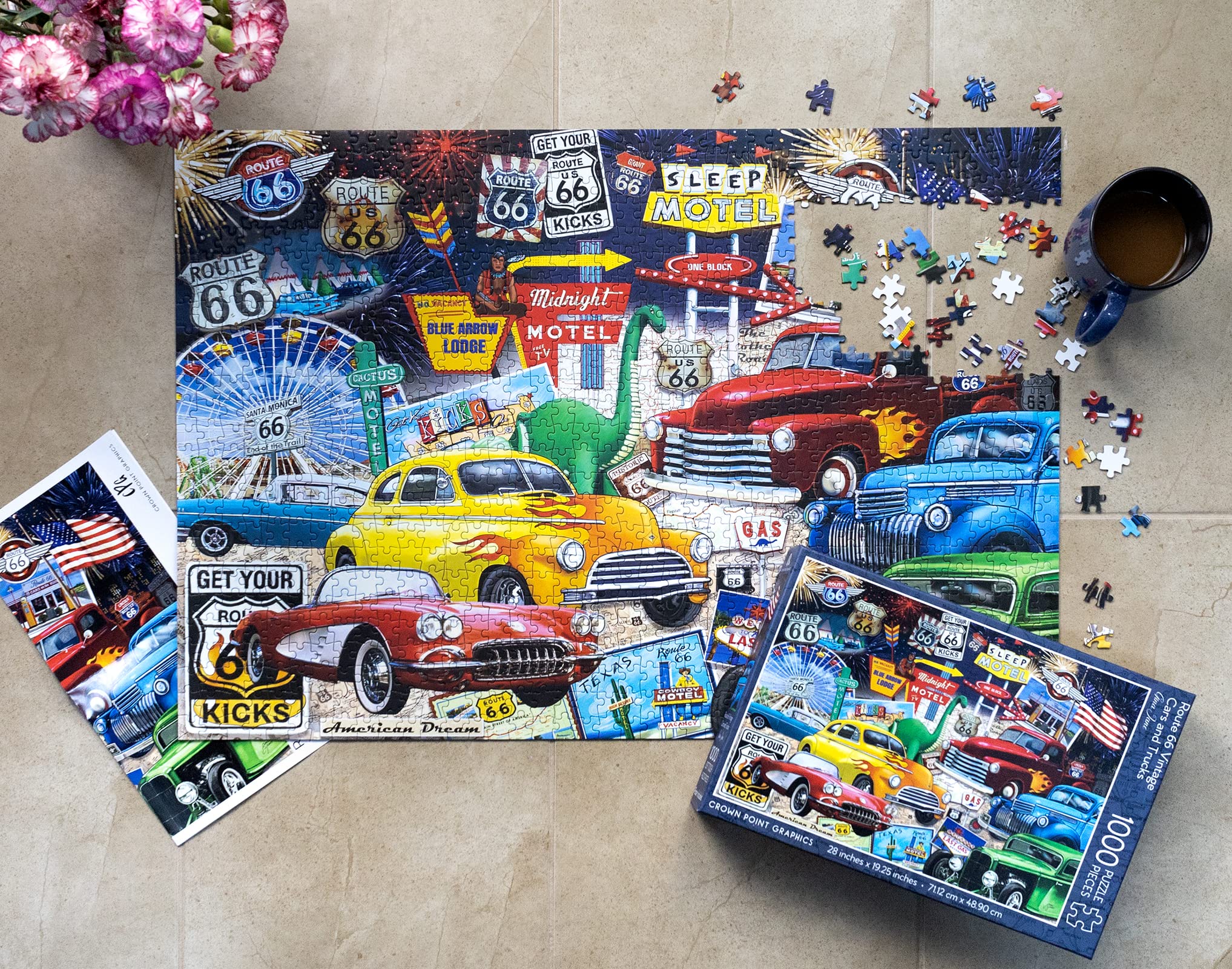 Crown Point Graphics Route 66 Vintage Cars and Trucks Puzzle, 1000