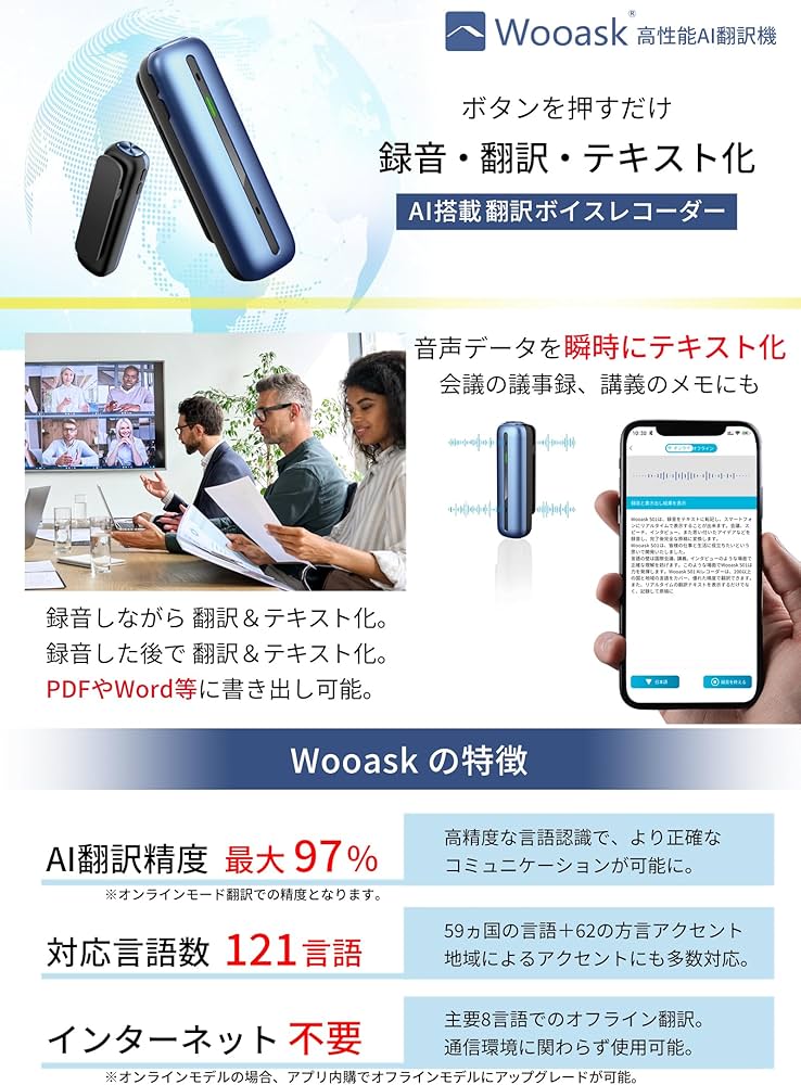 Amazon.co.jp: Wooask S01 ボイスレコーダー 翻訳機 121言語対応