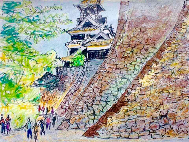 水彩画風スケッチ・熊本地震で崩壊する前の熊本城: 円空仏などの彫刻や