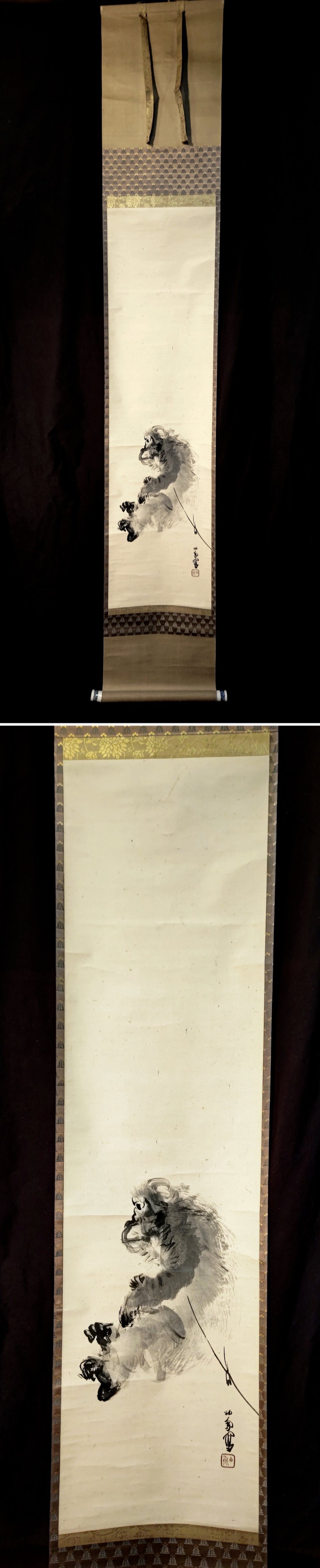 竹内栖鳳 肉筆双幅図 【 鶴 亀 】 慶事掛軸 桐箱肉筆画【画帖画軸仕立て品