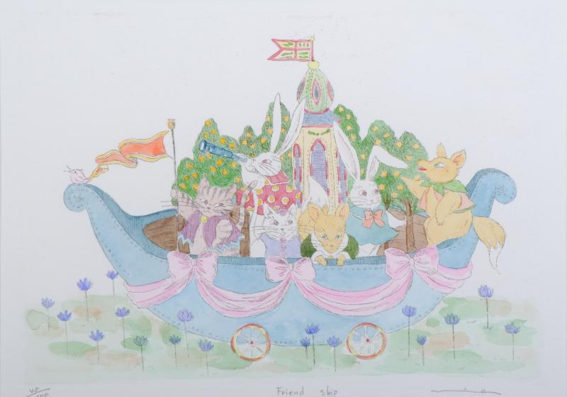 銅版画で鷹塀三奈が制作した可愛い動物たちの銅版画「フレンド・シップ」