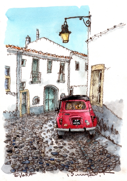 絵画の水彩画で高橋文平が描いたポルトガルの絵「エヴォラの路地裏の