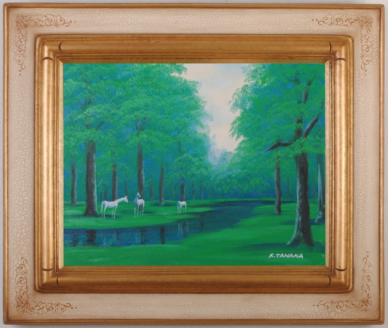 真作】絵画 田中志郎 油彩SM 初秋 山と川の風景画 柔らかな自然美 X105