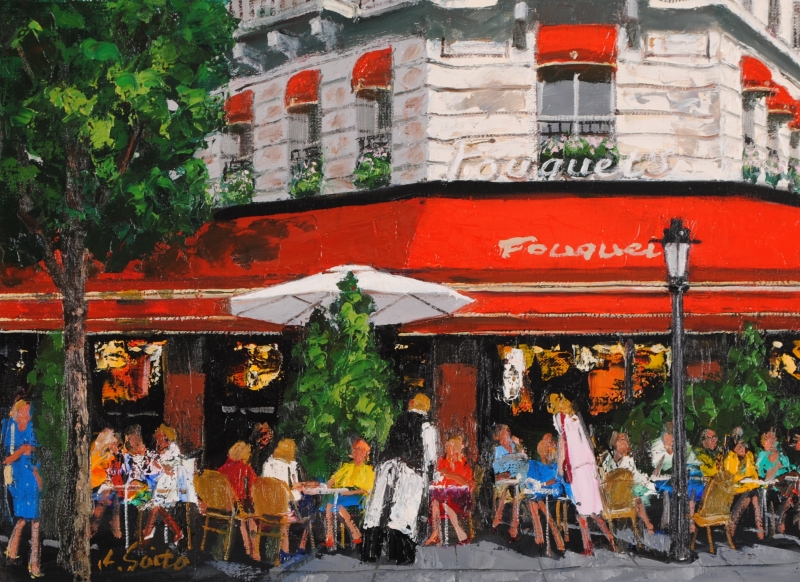 岸本喬夫 油彩画 街角（パリ）カフェの風景 風景画 パリ 油絵「路地裏