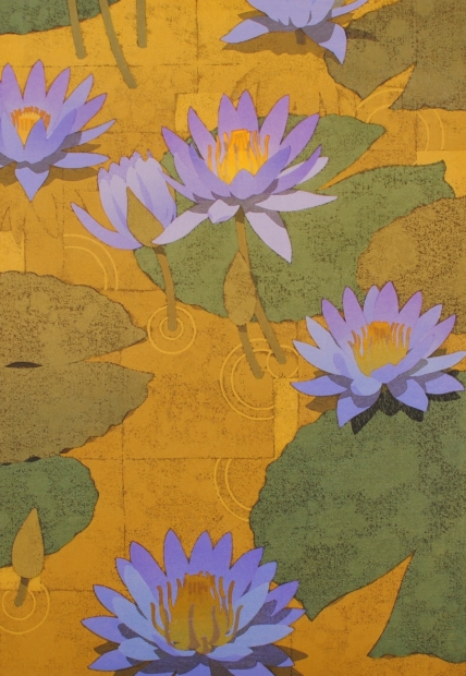 花の絵画を木版画で制作した本荘正彦の和の睡蓮の花の絵「天上庭園」を