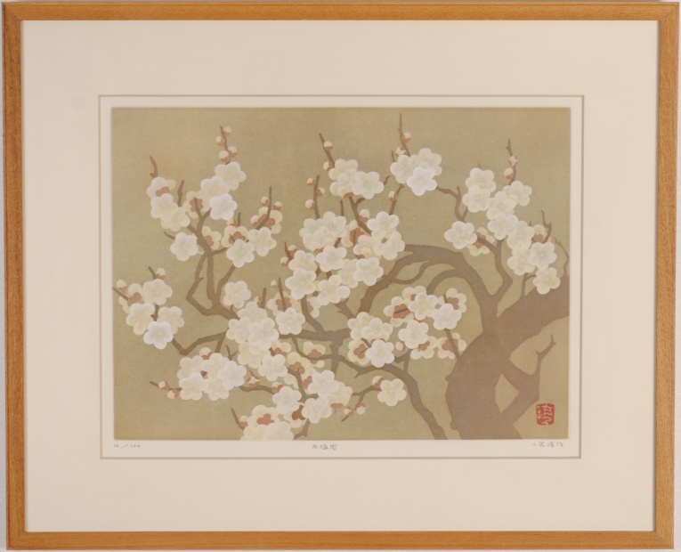小泉淳作が銅版画で制作した和の梅の花の絵画「白梅図」を通販で販売