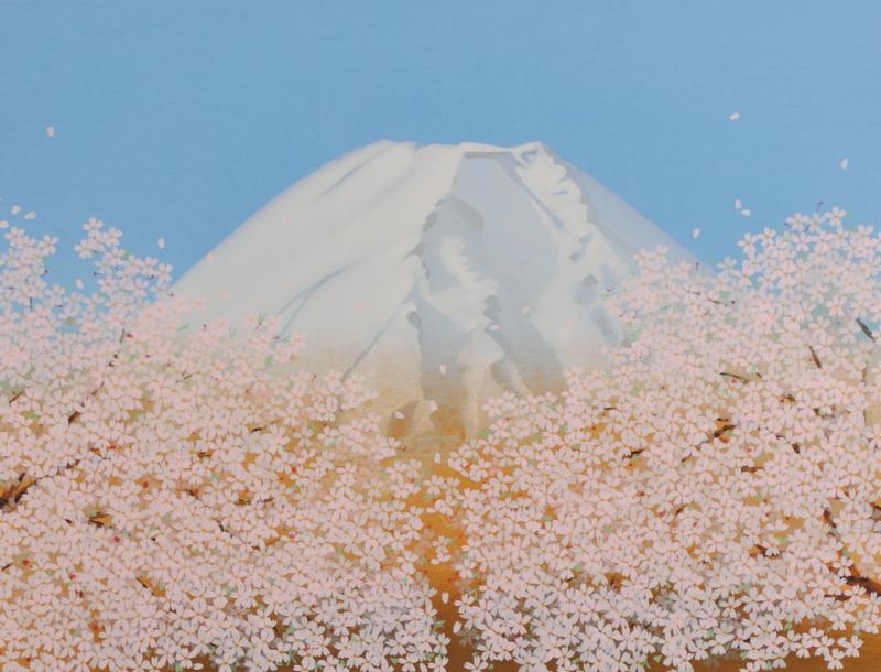 中島千波がシルクスクリーンの版画で制作した富士山と桜の和の絵「不二