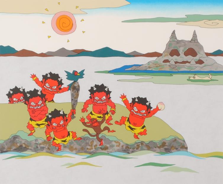 瀧下和之がシルクスクリーンの版画で制作した絵画「桃太郎図 鬼ヶ島で
