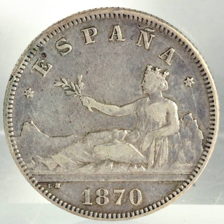 珍）スペイン 1870年 2ペセタ 銀貨 スペイン 1870年 2PESETAS銀貨 VF