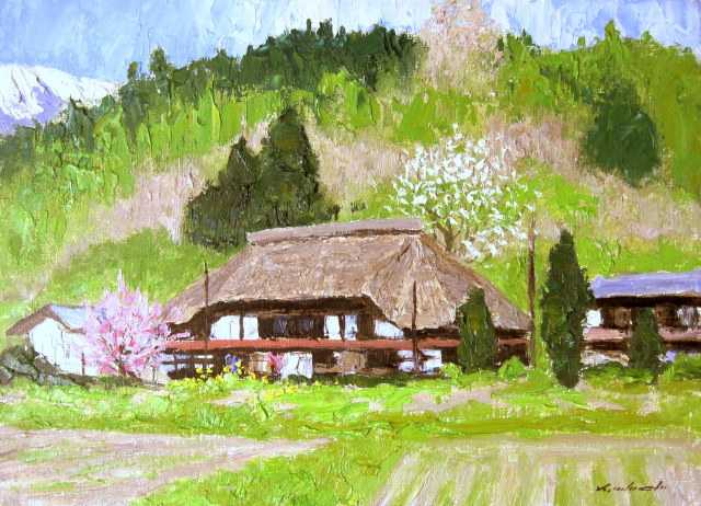 茅葺き屋根の家 絵画 油絵