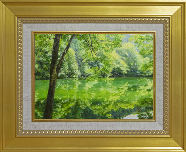 新緑の湖水” 油彩画・安田祐三「湖水-風のない日に」(長野県 蓼科の湖