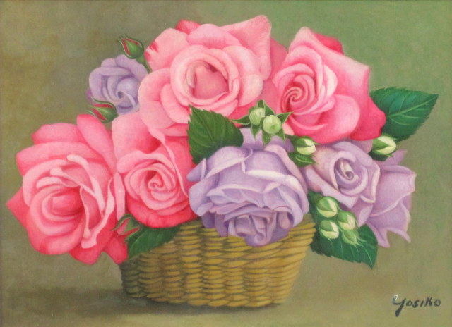 真作】中島裕子 油彩 SM号「ファンタジーの花々」額装 ポピー 薔薇