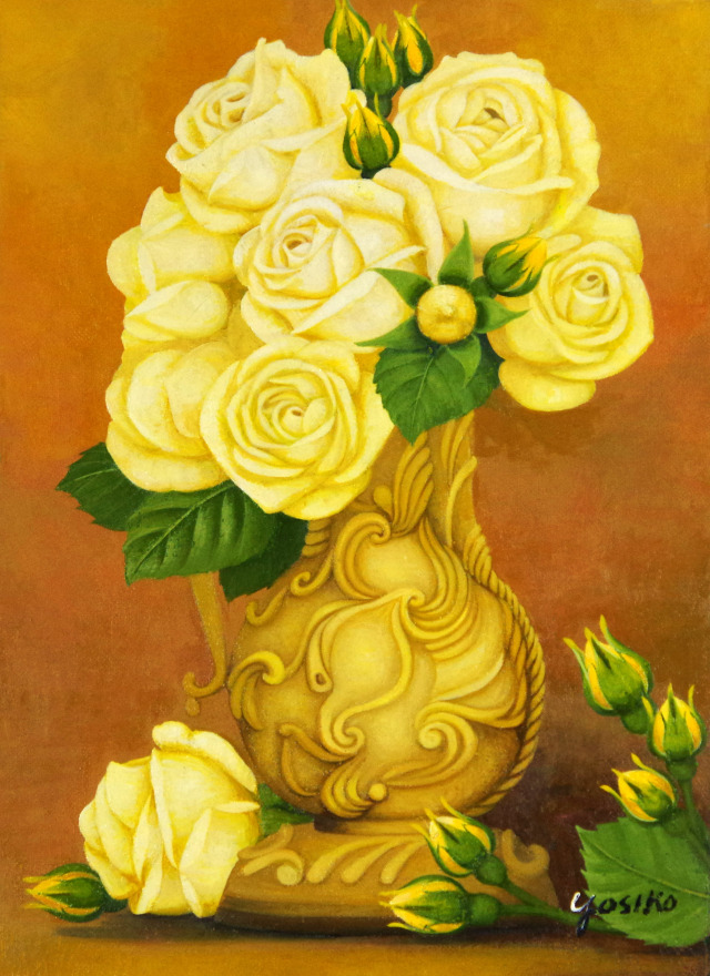 黄色の薔薇・志村好子「薔薇」油絵・F4