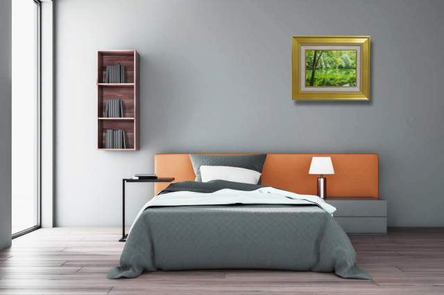 新緑の湖水” 油彩画・安田祐三「湖水-風のない日に」(長野県 蓼科の湖