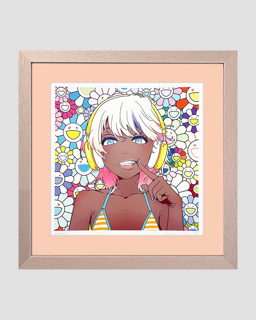 mebae × 村上隆版画smile_02ブルーヘアー、ピンクヘッドホンwM.F