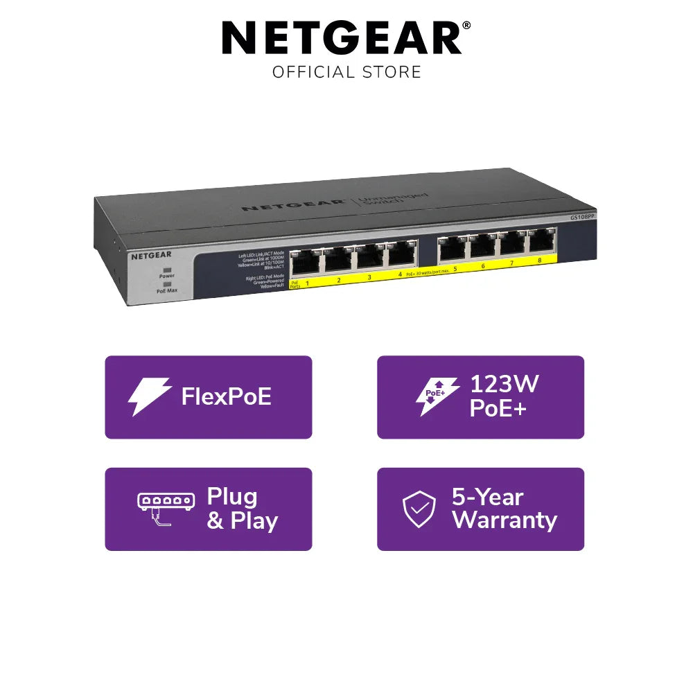 NETGEAR GS108PP 8-Port Gigabit Unmanaged High-power PoE+ Switch