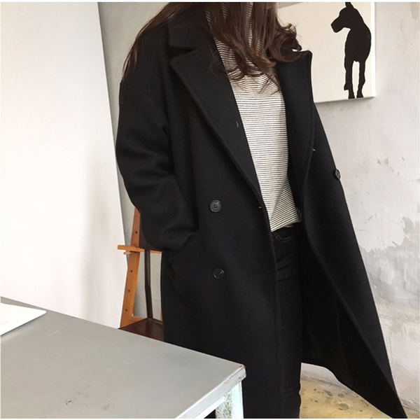 Newjoy / シンプル ダブルチェスターコート 中綿 ブラック/キャメル