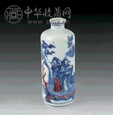 中国骨董 清中期 青花釉裏紅 人物 鼻煙壺 翡翠蓋 骨杓 中国骨董