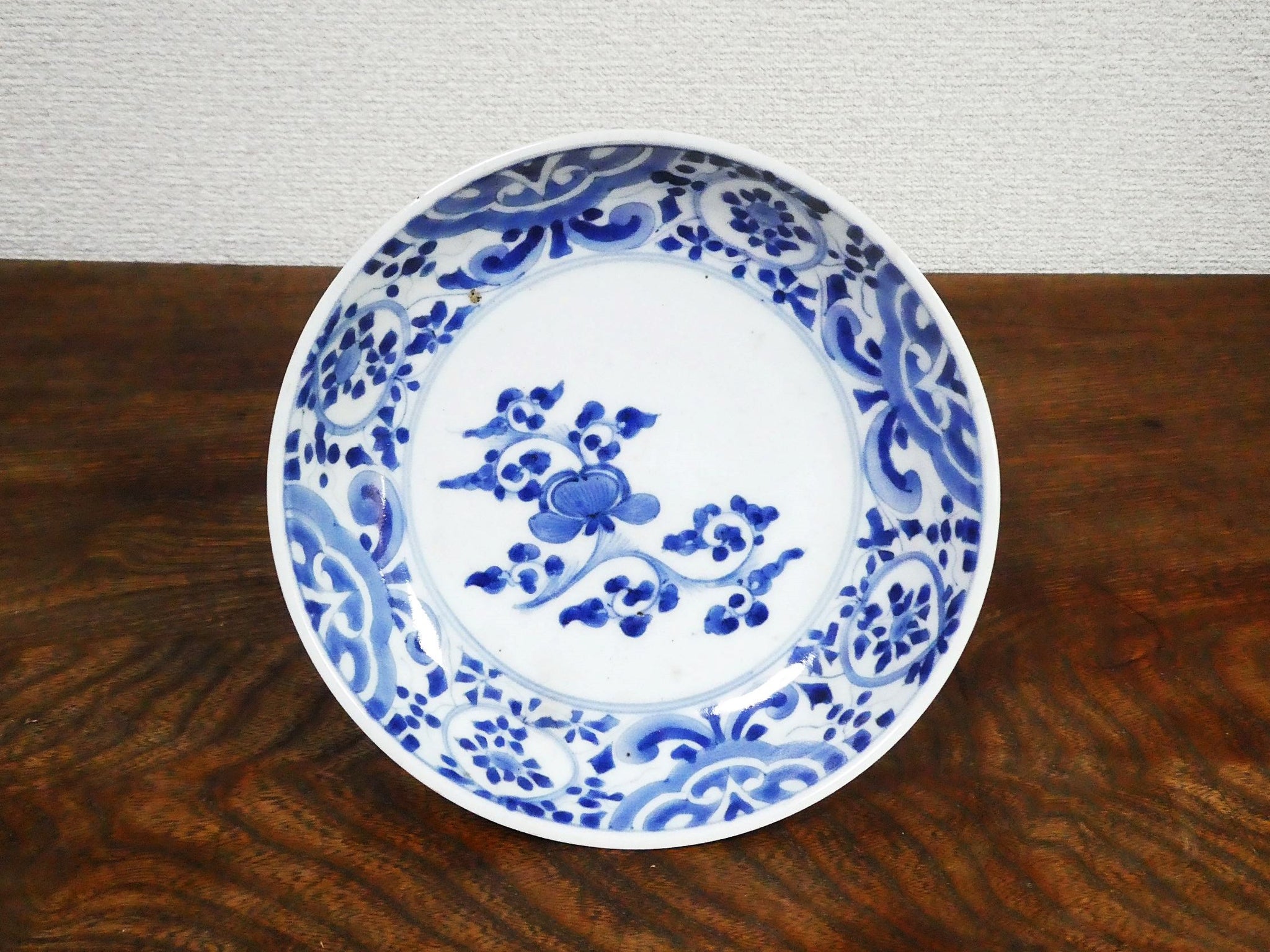 骨董 アンティーク 藍九谷 網干 船文様 輪花皿 小皿 五寸皿 誉印 古
