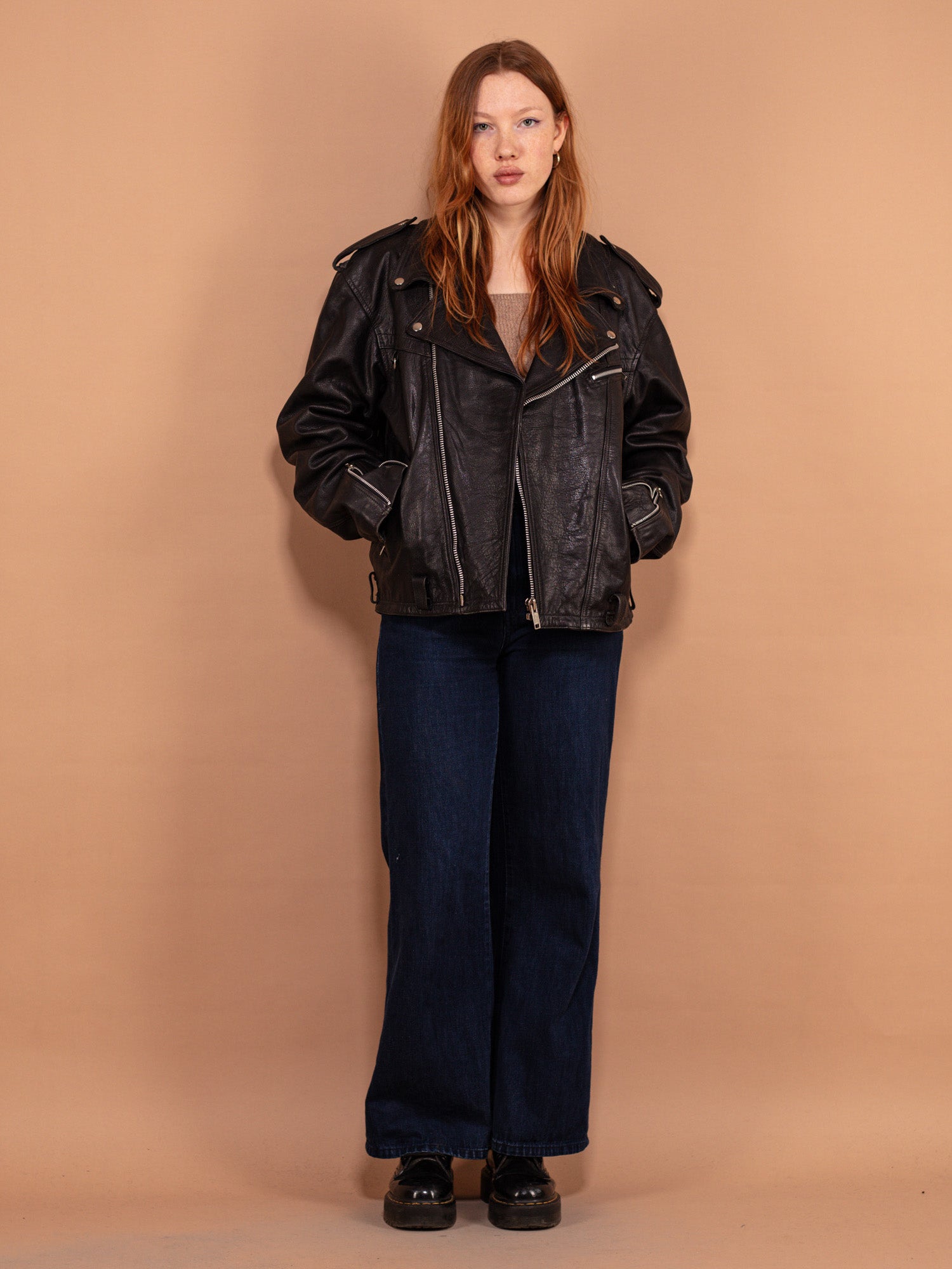 Online Vintage Store | 90's Women Leather Biker Jacket in Black