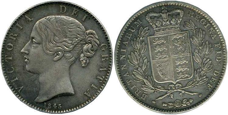 イギリス ヴィクトリア クラウン銀貨 ヤングヘッド1845年 PCGS XF45