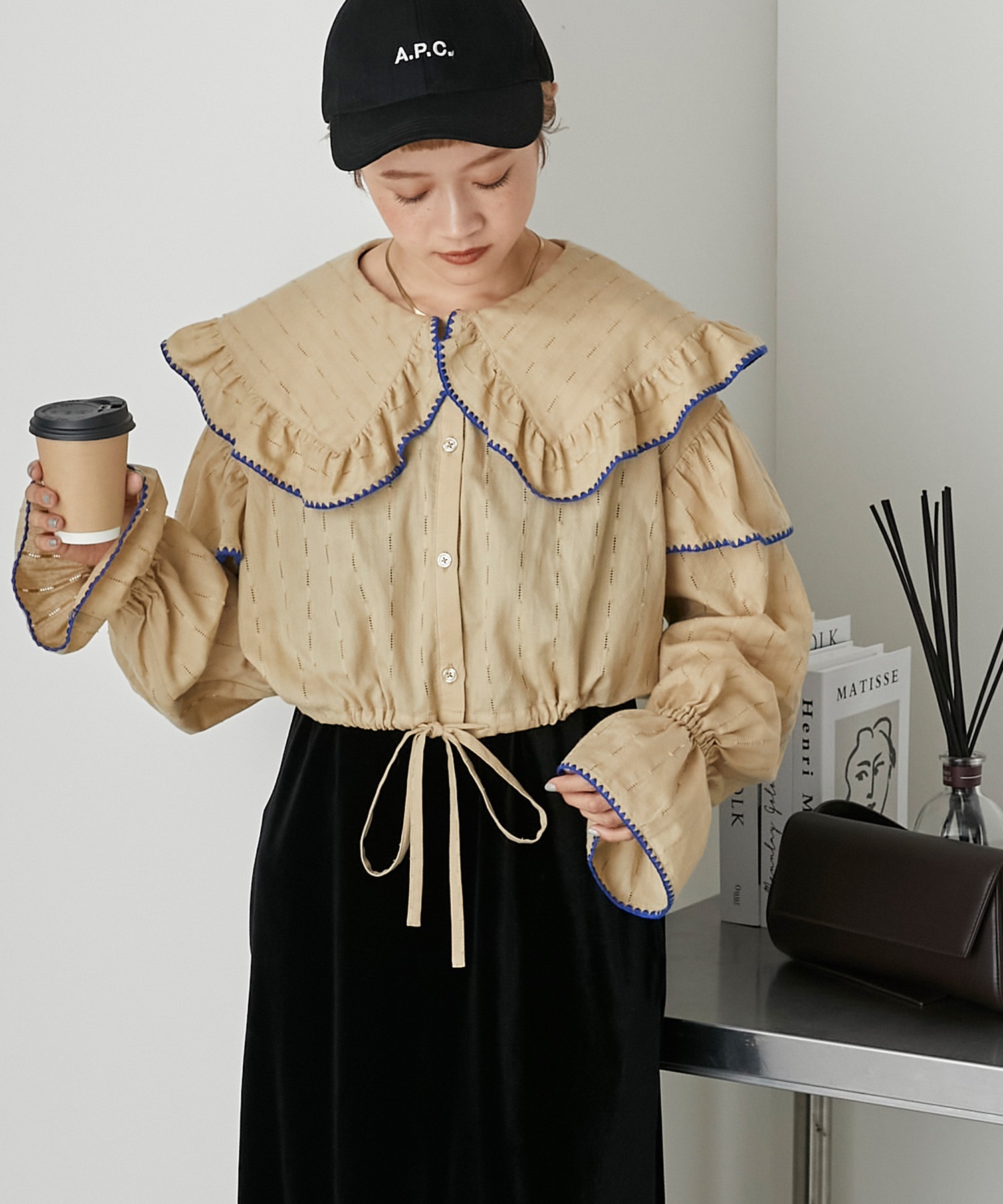 forksy.】ブランケットステッチビックカラークロップドフリルブラウス