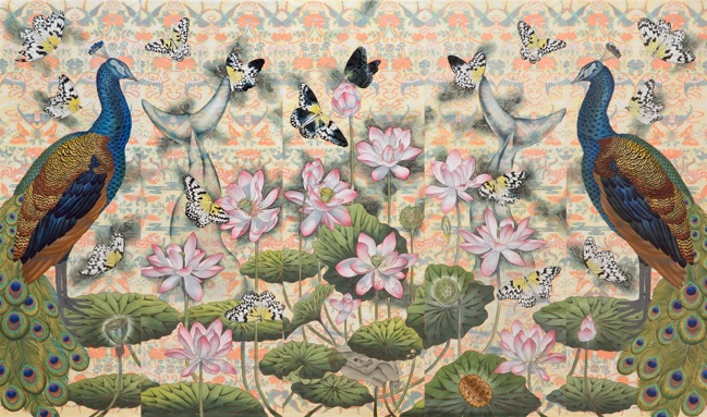 真作 北久美子「風の譜」油彩10号 孔雀・南国花鳥画名画・南国花鳥画