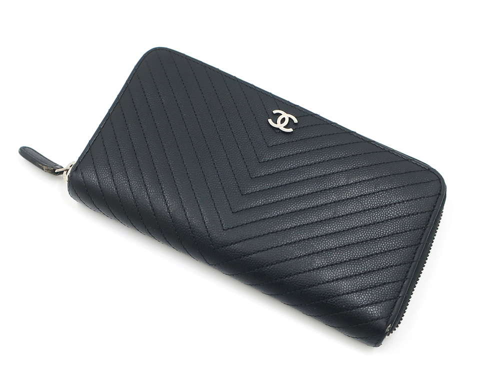 シャネル Vステッチ ココマーク レザー 長財布 ブラック A50047