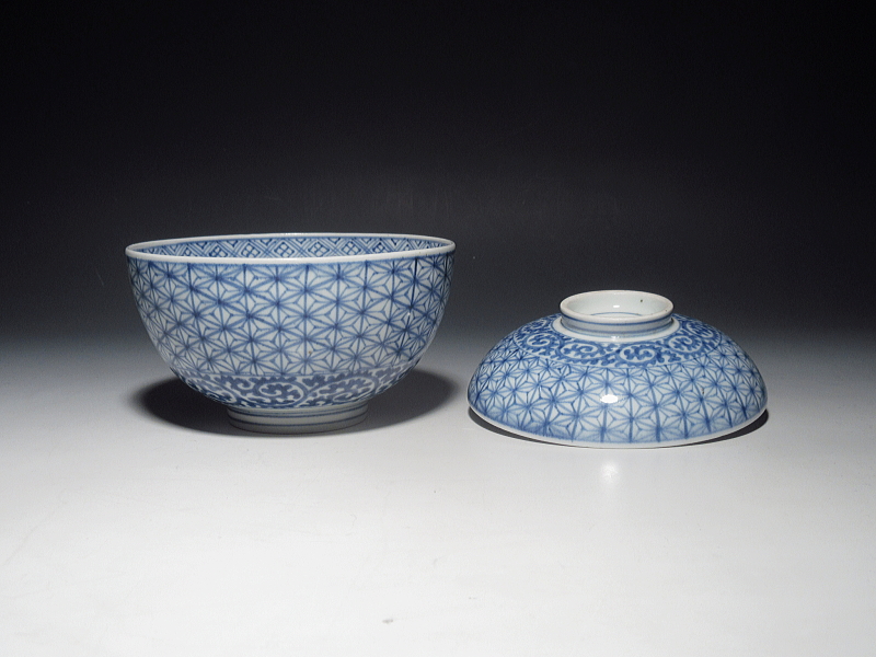 古伊万里 染付 麻の葉蛸唐草文 蓋茶碗 5客組【元禄～享保】 ｜ 古陶磁