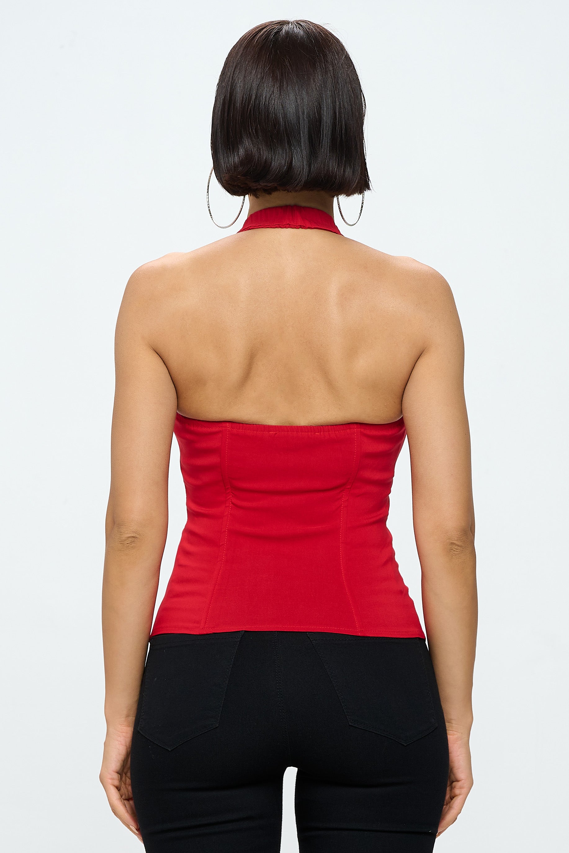 LACE UP DETAIL ZIP FRONT SLEEVELESS HALTER NECK TANK TOP_D6838