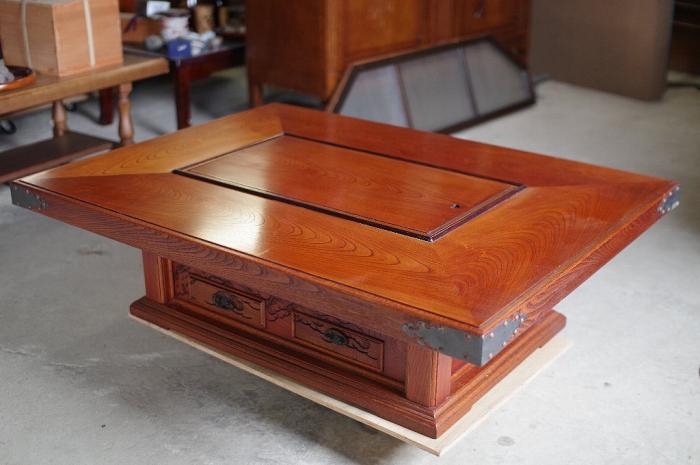 欅無垢材 囲炉裏型座卓 長火鉢 銅壺付