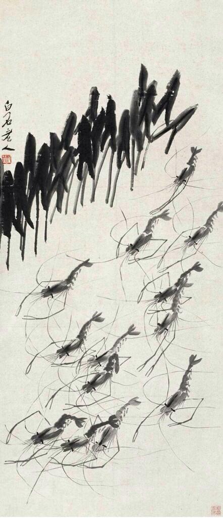 この水墨画エビはもともとは中国水墨画の巨匠「斉白石」がよく描いてい
