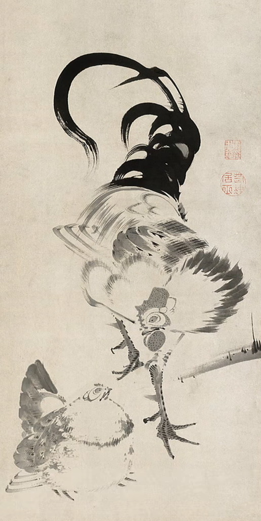 伊藤若冲 水墨『鶏の図』 模写 伊藤若冲 紙本淡彩水墨画 鶏図 落款