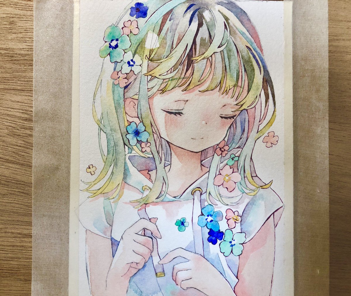 手描きイラスト シロツメクサ 女の子 水彩画 手描きイラスト