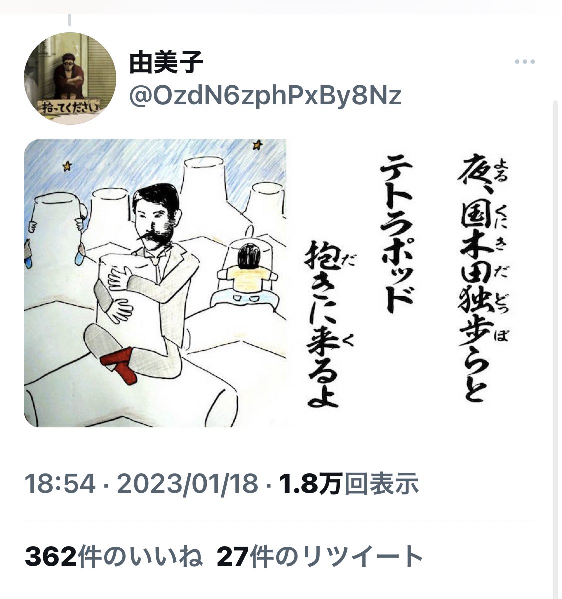 すごい回文選手権 最優秀賞 夜、国木田独歩らと テトラポッド抱きに来るよ