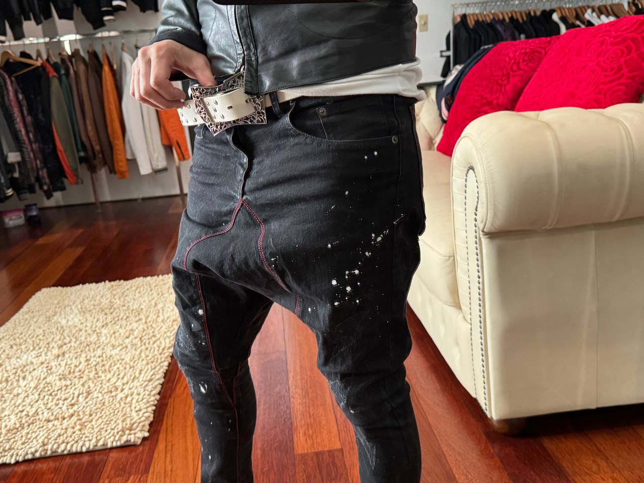 即納】サルエル パンツ デニム 黒 ブラック スキニー M 検 GACKT