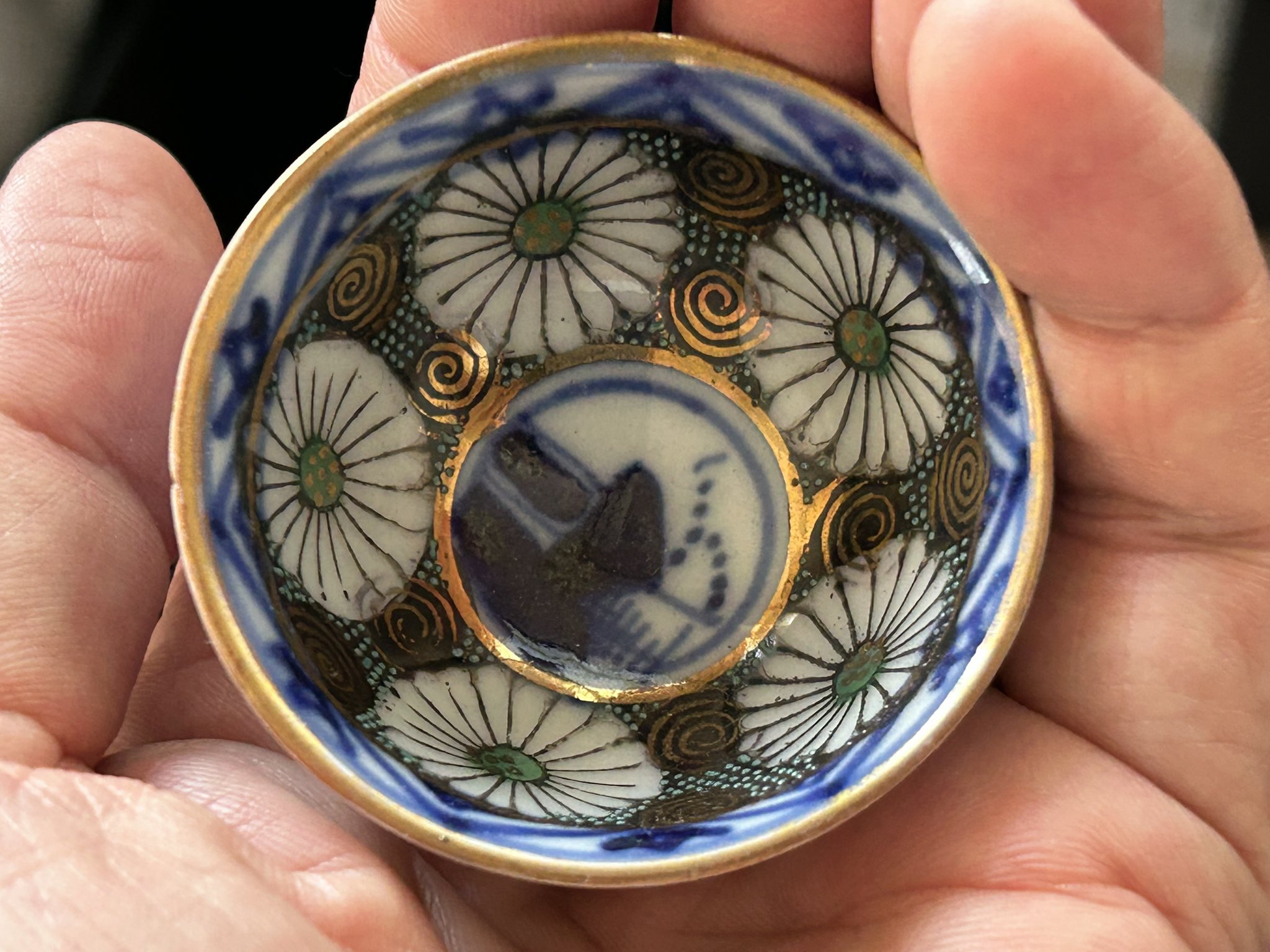 九谷焼 古九谷 赤絵金彩 人物花文 煎茶碗 五客 時代箱付 USRH 九谷焼