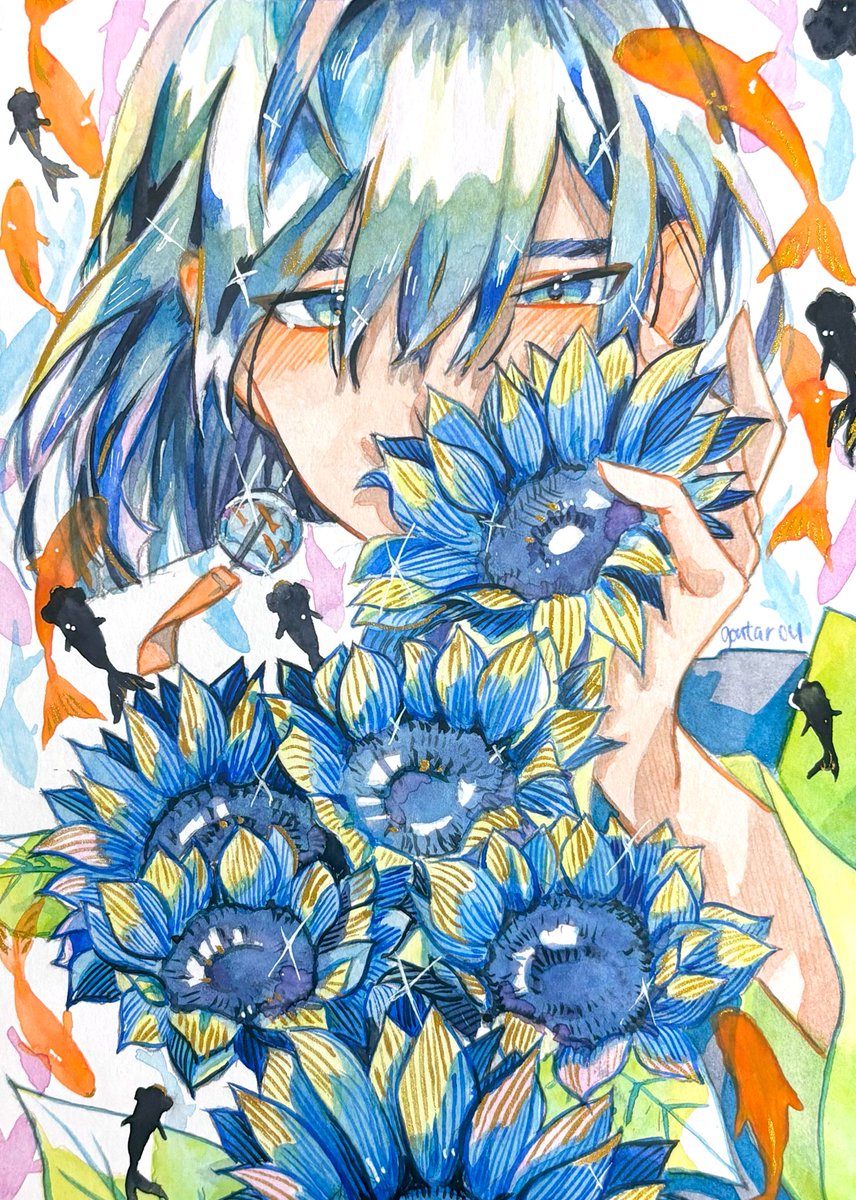 透明水彩画原画夏の花束ひまわり