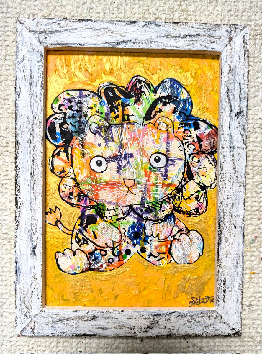 手作り額付き銅版画カラー作品 title「きらめきニャンコ」 手作り額