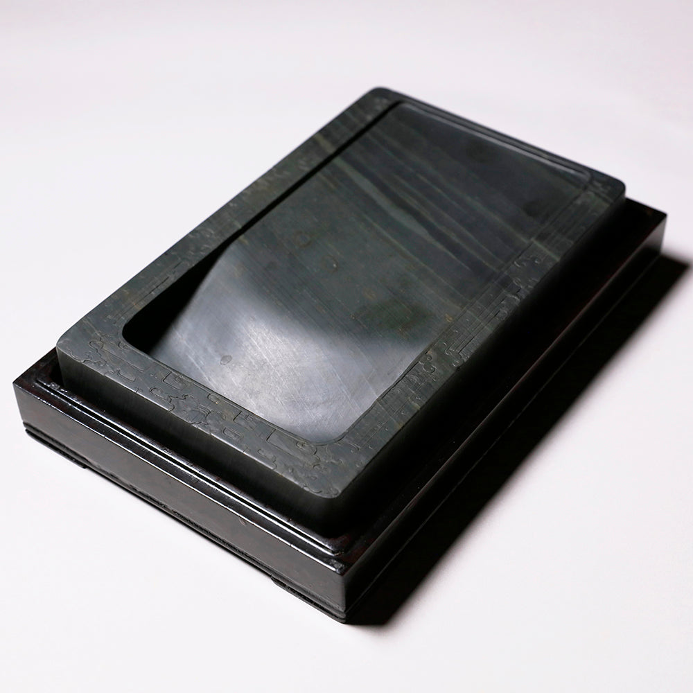 □端渓硯□饕餮文彫琢の長方硯□玳瑁班・青花・金線□約8吋□古い合木