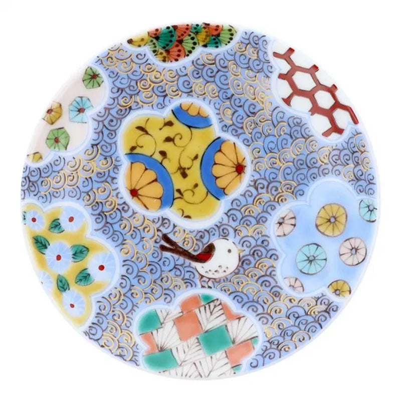 九谷 小皿 5枚 色絵付 金彩 手塩皿 銘々皿 仙人 鶴 明治 有名作家監修