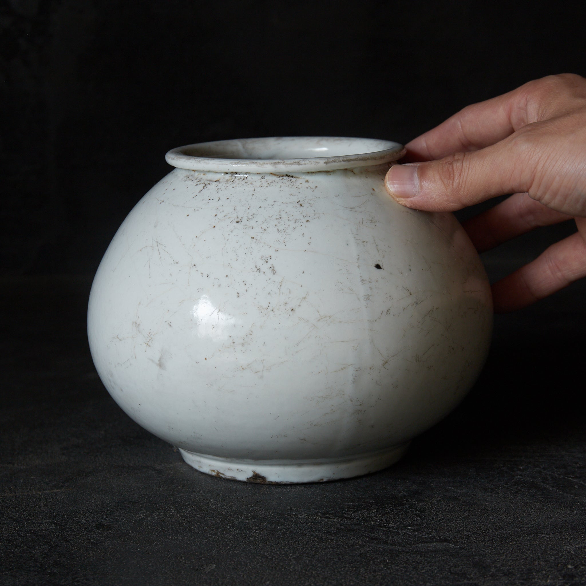 李朝 盤口壺 須恵器 土器 花瓶 李朝 青花窓絵草花文面取壺 全高約29cm