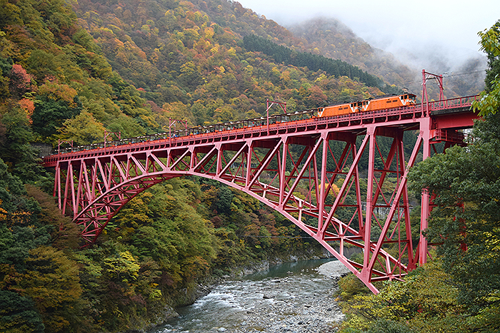 紅葉の渓谷に小さな新型機関車 「令和生まれ」黒部峡谷最新の機関車EDV