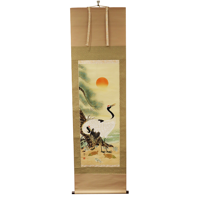 掛け軸 靖二 松上双鶴 絹本 希少 軸装 茶道具 掛軸 美品 です。 掛け軸