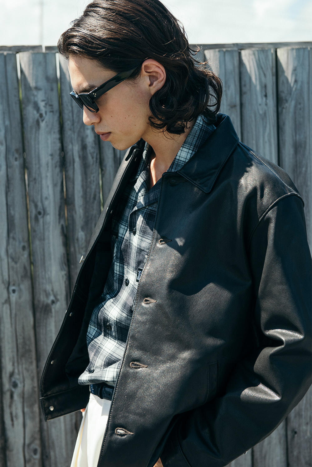 Schott レザー x ウール ライダースジャケット M 山羊革 チェック