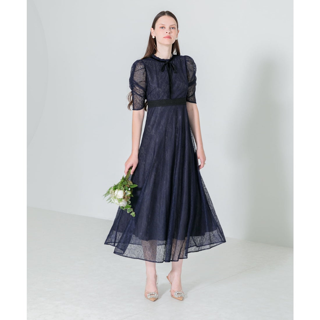 レジャ Leja ウエストマークパフスリーブ総レースロングドレス